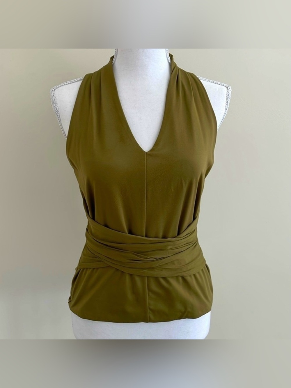 Olive Green Halter Wrap Waist Blouse